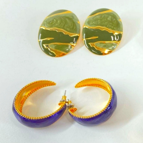 Vintage Jewelry - Elegant Gold / Green and Purple Enamel  Earrings Bundle